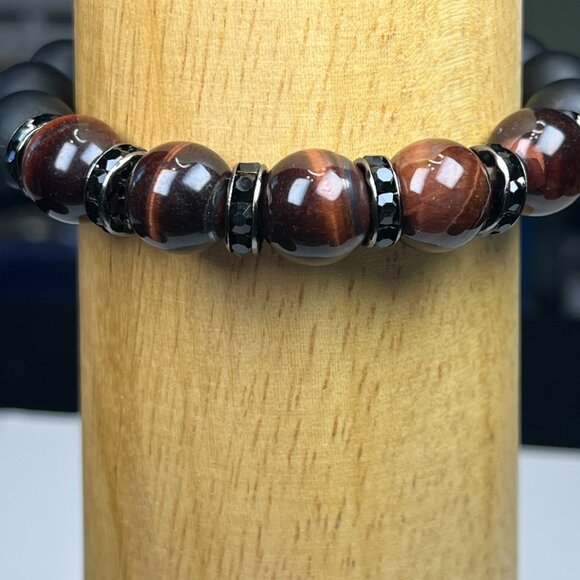 Men's Matt Onyx and Tigers Eye Stretch Beaded Bracelet - Picture 4 of 9